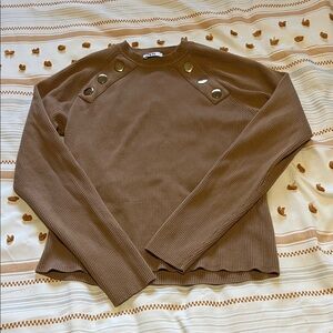 Zara Brown Long Sleeve Ribbed Top with Button Accents